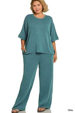 Zenana raised rib short sleeve tee & pants teal 2X